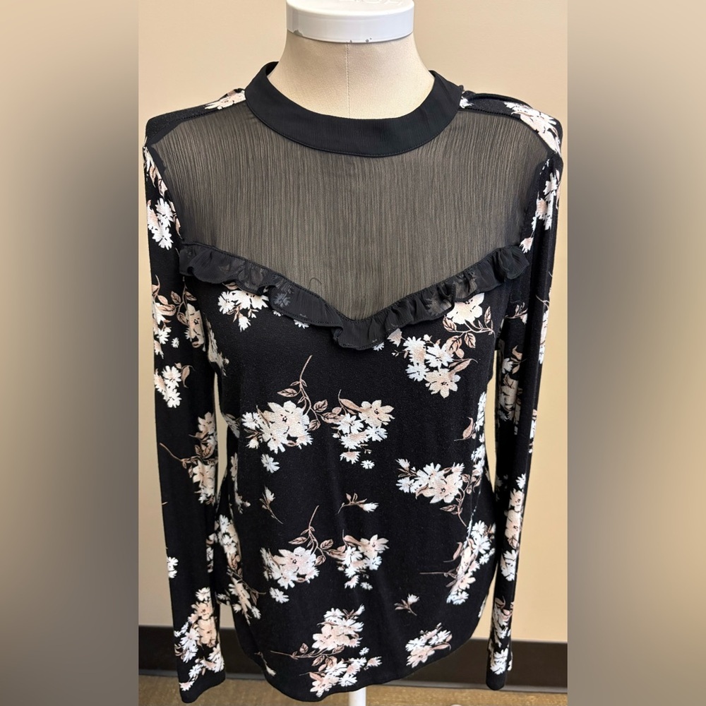 Peek-a-boo long sleeve feminine black floral top women's size Medium